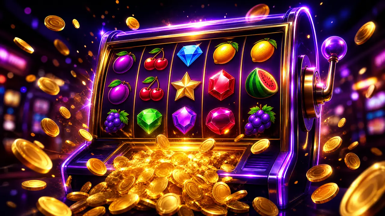 Mesin slot daring dengan simbol buah dan koin emas berhamburan