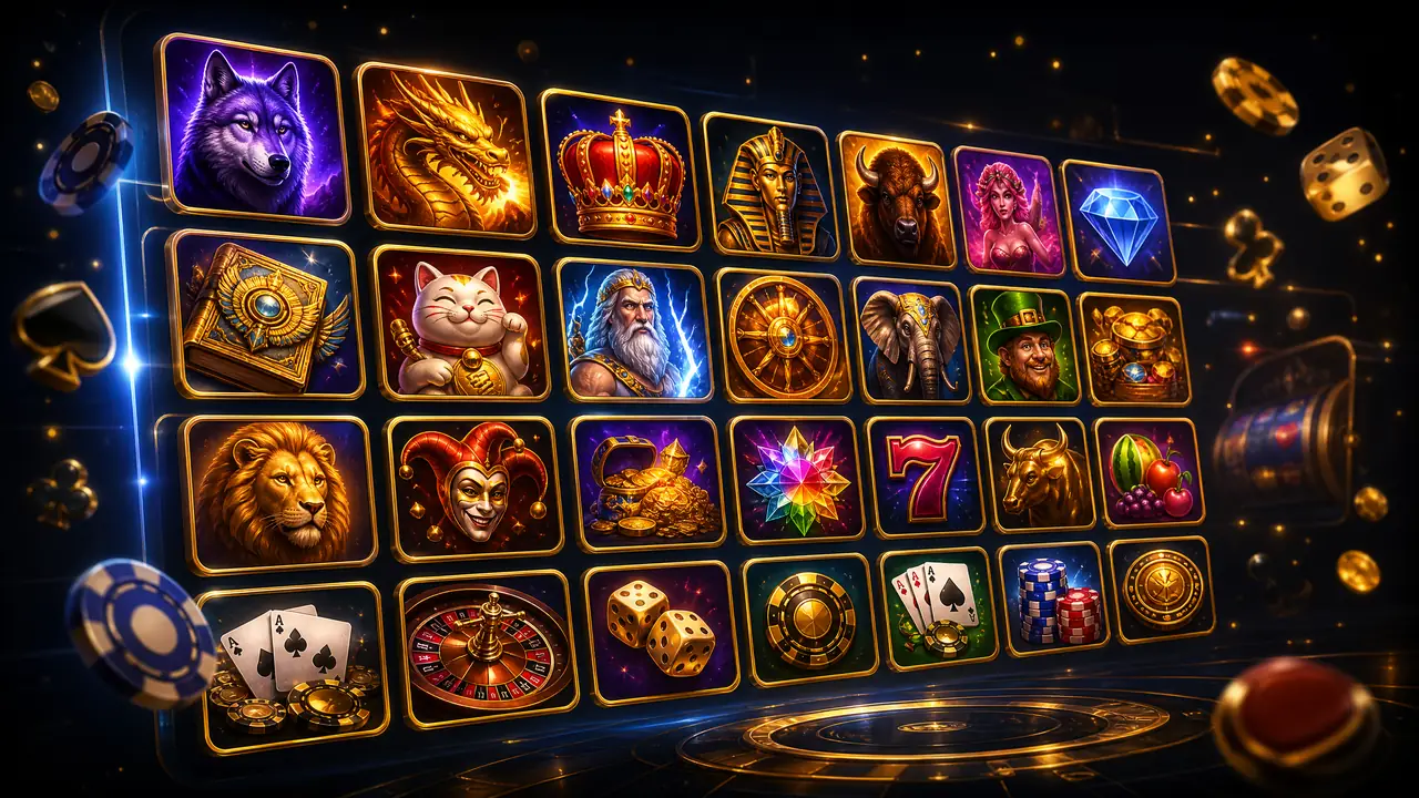 Lobi permainan Mega188 dengan deretan kartu permainan slot dan kasino