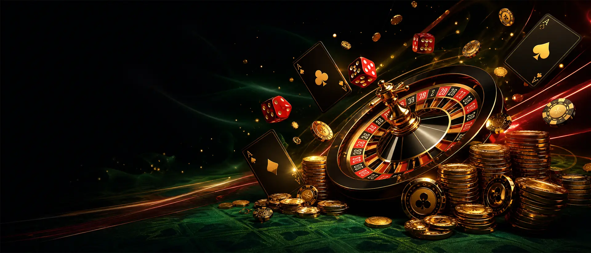 Suasana kasino daring Mega188 dengan roda roulette emas dan koin