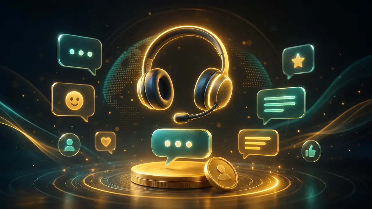 Ilustrasi layanan pelanggan dengan headset dan ikon percakapan